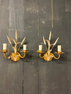 Pair of Small Gilded and Lacquered Metal Sconces 'Style Baguès', circa 1950
