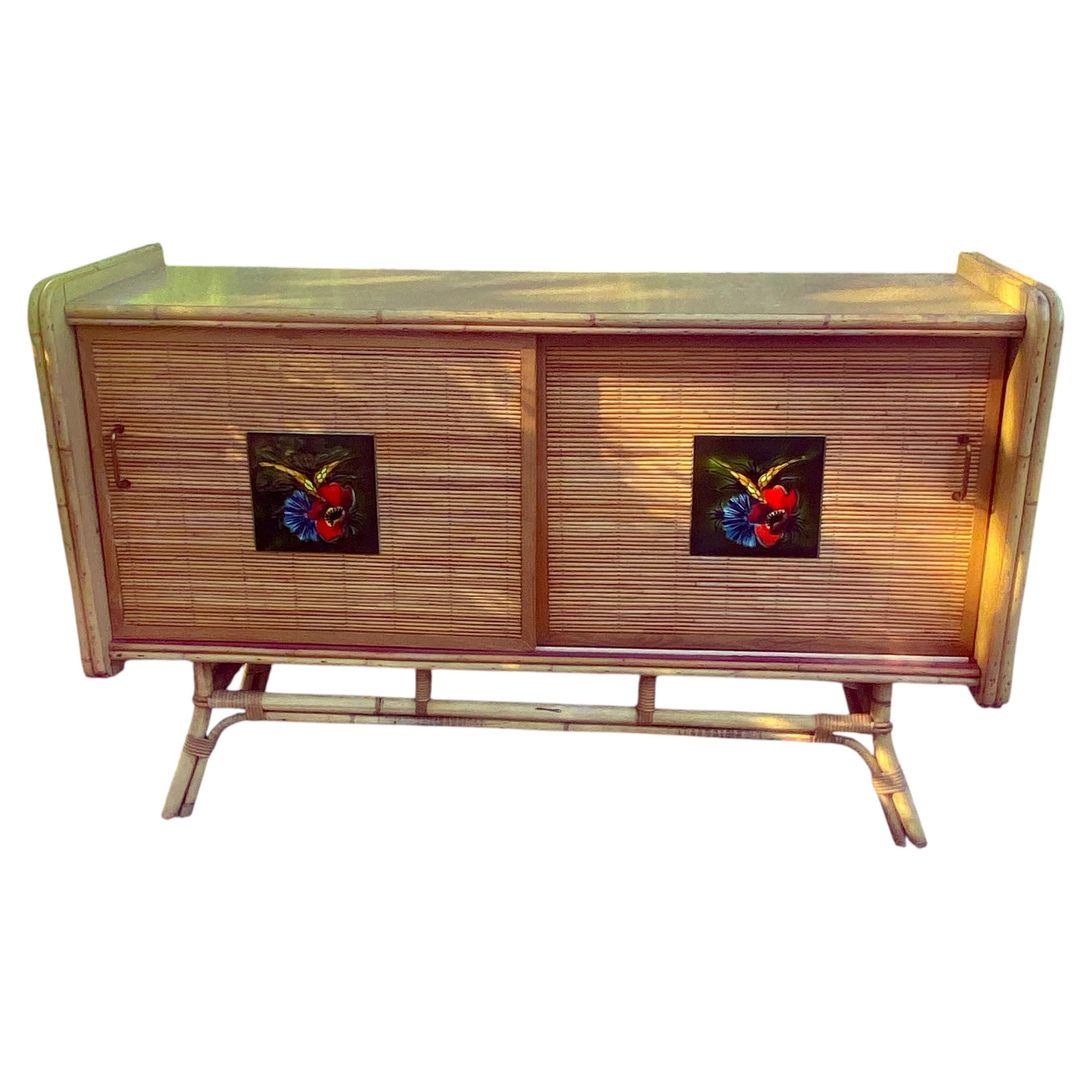 Adrien Audoux And Frida Minet Bamboo and ceramic Sideboard, Circa 1960/1970 For Sale