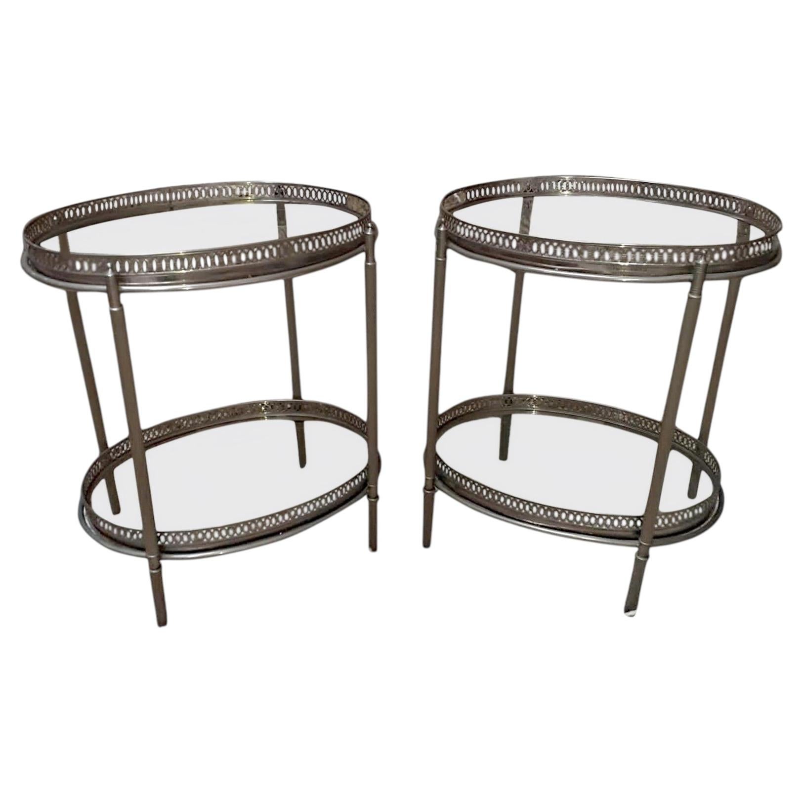 Maison Baguès, elegant pair of side tables in silver metal circa 1960. For Sale