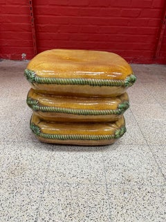 Enamelled Terracotta Stool with Cushions Decoration, circa 1970