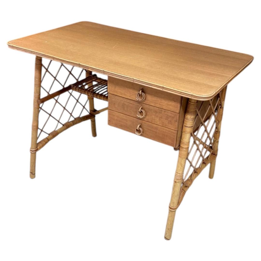 Louis Sognot, Schreibtisch, um 1960, aus Bambus, Rattan und Eichenfurnier