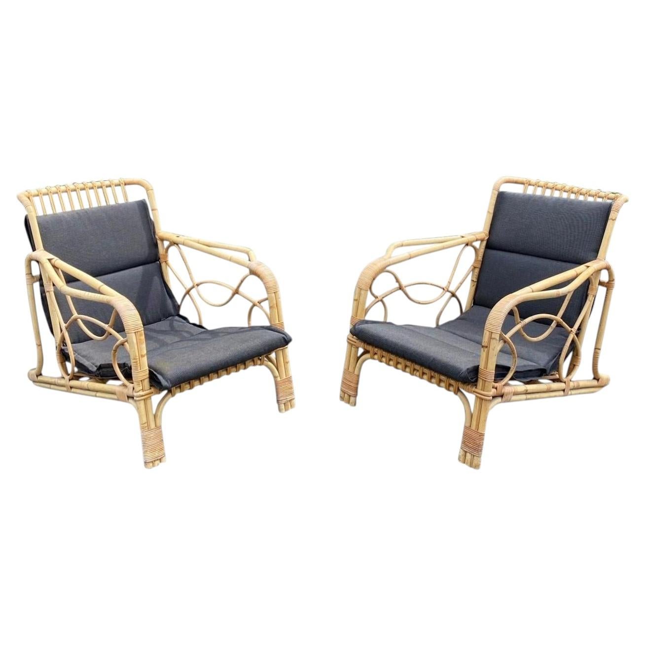 2 Fauteuils en bambou et rotin et leurs coussins, vers 1970 For Sale