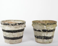 2 Garden Pots in White Painted Concrete, Black Striped, circa 1930