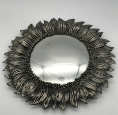 Small Convex Mirror in Silver Pewter, with Flower Decoration, circa 1960-1970