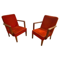 Pair of Art Deco armchairs in oak and velvet, circa 1940-1950.