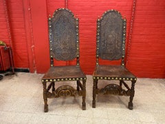 3 chaises à dossier haut, garniture en cuir « Cordoba » avec motifs amérindiens, Espagne