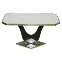Jules Leleu, tavolino Art Déco in metallo cromato, legno laccato e specchio, intorno al 1950