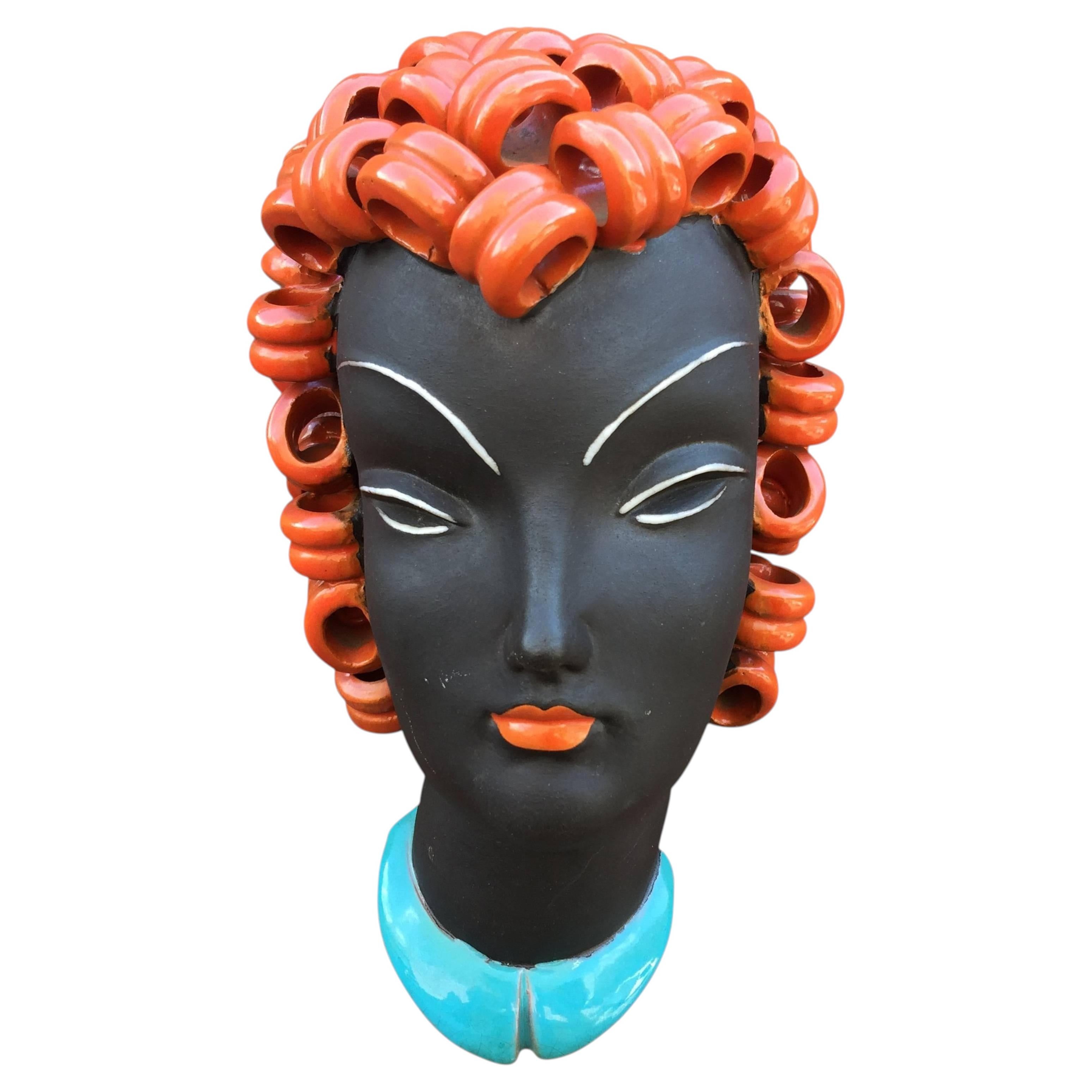 Goldscheider inspired Czech signed ceramic stylized Art Deco head. For Sale