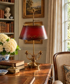 Mid-20th Century Brass Three-Arm Horn Bouillotte Lamp with Red Tole Shade