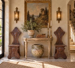 Antike italienische Renaissance-Hallenstühle aus handgeschnitztem Nussbaumholz, 19. Jahrhundert, Paar