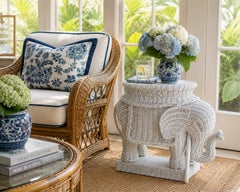 1970s Palm Beach Style White Wicker Elephant Garden Stool or Side Table
