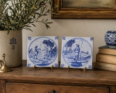 Antique Dutch Delft Style Craftsmen Blue and White Tiles, Pair
