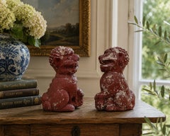Pair of Early 20th Century Chinoiserie Painted Cast Stone Foo Dog Garden Statues
