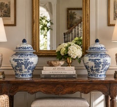 Chinoiserie Large Blue and White Porcelain Covered Jars, Pair