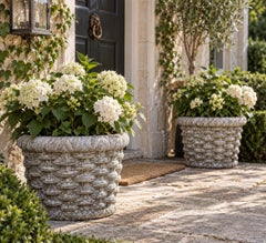 French Country Style Cast Concrete Trompe-l'Oeil Basketweave Planters, Pair