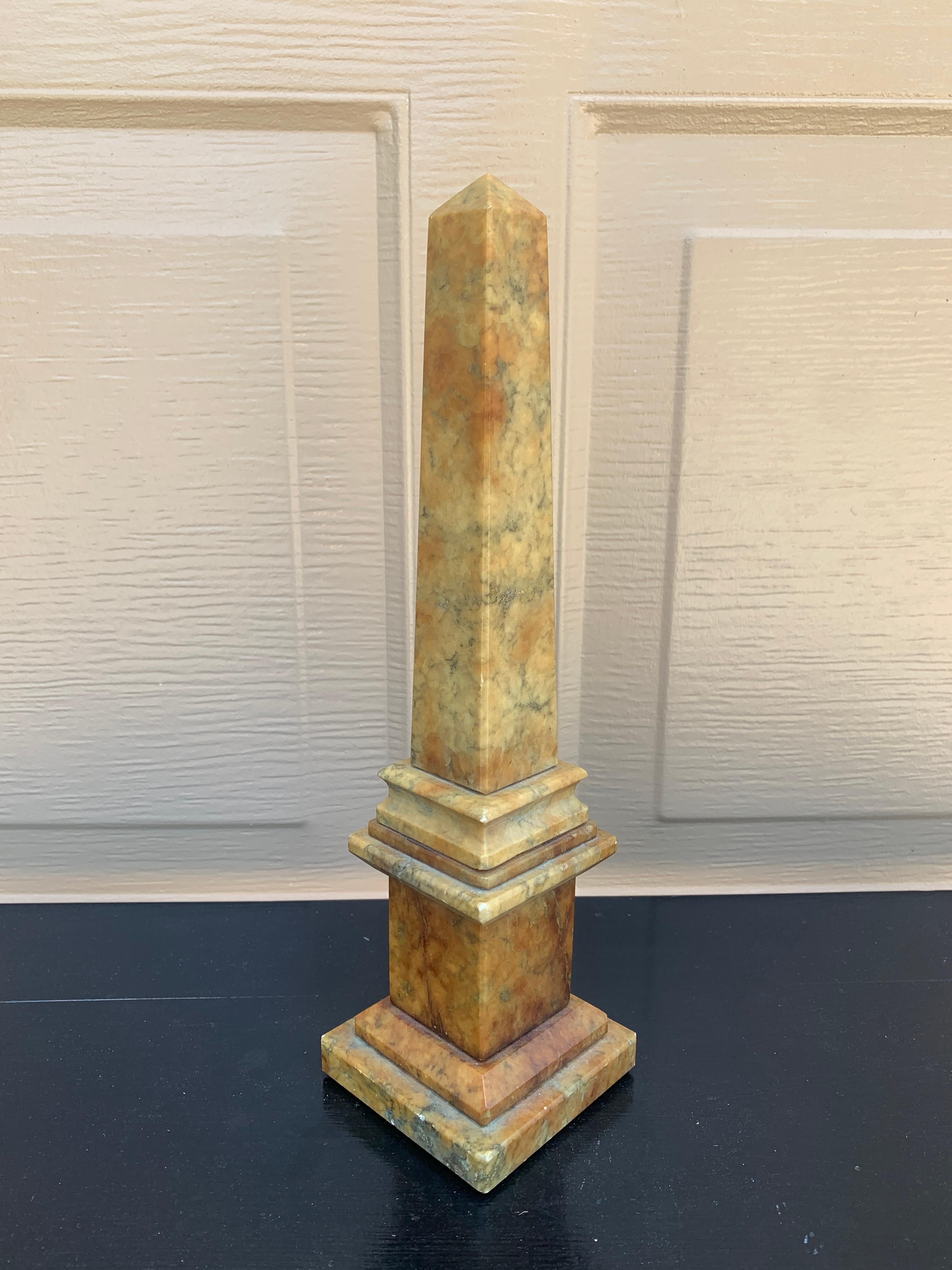 A stunning neoclassical or Grand Tour solid marble green & brown obelisk

Italy, Late 19th Century

Measures: 3.18