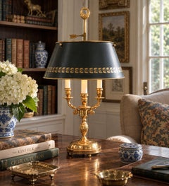 French Provincial Gilt Brass Bouillotte Lamp With Stenciled Black Tole Shade
