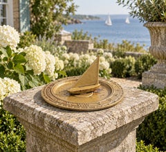 Vintage Cast Iron Garden Nautical Sundial with Sail Boat "Tempus Fugit"