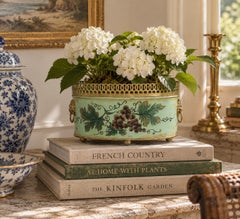 French Neoclassical Tole Green & Gold Cachepot Planter Vase with Lion Heads