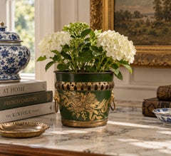 French Neoclassical Tole Green & Gold Cachepot Planter Vase With Lion Heads