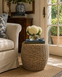 Chinoiserie Woven Rattan Garden Stool or Side Table