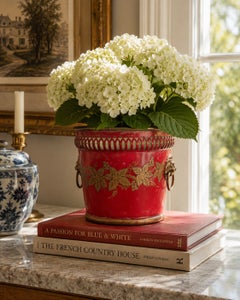 Antique French Neoclassical Red and Gold Tole Cachepot with Brass Lion Heads