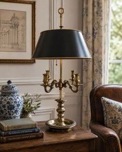 English Regency Brass Bouillotte Lamp With Black Tole Shade by Visual Comfort