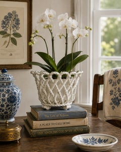 Vintage French Country Reticulated Porcelain Rope-Form Cachepot, Circa 1960s