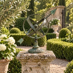Rustic Verdigris Iron Armillary Sphere on Pedestal – European Garden Accent