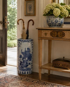 Vintage Chinoiserie Blue and White Porcelain Umbrella Stand