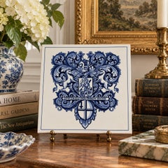 Dutch Delft Blue and White Porcelain Tile with Heraldic Coat of Arms