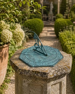 Vintage English Country Iron Verdigris Garden Sundial with Zodiac Signs