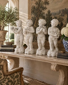 Neoclassical Italian White Porcelain Allegorical Cherub Putti Statues, Set of 4