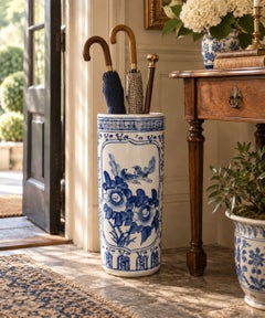 Vintage Chinoiserie Blue and White Porcelain Umbrella Stand