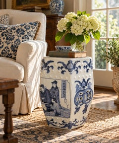 Taburete o mesa auxiliar de jardín de porcelana chinoiserie hexagonal azul y blanca