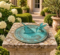 Vintage English Country Iron Verdigris Garden Sundial with Hummingbird