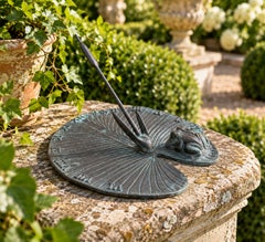 Vintage English Country Iron Garden Sundial with Frogs on a Lily Pad