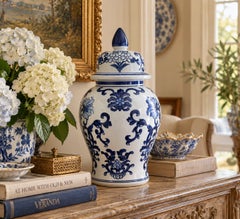 Chinoiserie Large Blue and White Porcelain Ginger Jar