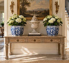 Chinoiserie Large Blue and White Porcelain Planters, Pair
