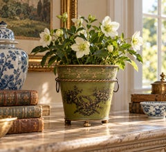 Italian Neoclassical Tole Green & Gold Cachepot Planter Vase With Lion Heads