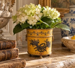 Italian Neoclassical Tole Yellow Cachepot Planter Vase With Lion Heads
