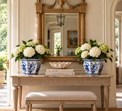 Pair of Chinoiserie Blue and White Porcelain Planters, Floral Motif