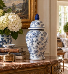 Chinoiserie Large Blue and White Porcelain Ginger Jar