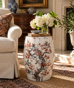 Chinoiserie Cherry Blossom Orange and Black Porcelain Garden Stool or Side Table