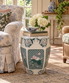 Chinoiserie Floral Green and Pink Porcelain Garden Stool or Side Table