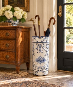Porte-parapluies vintage en porcelaine bleue et blanche portugaise, vers les années 1980
