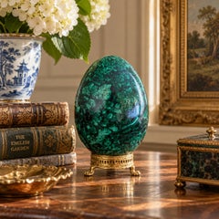 Large Solid Malachite Egg on Neoclassical Brass Stand with Paw Feet