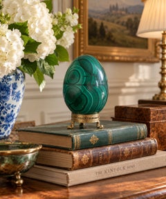 Large Solid Malachite Egg on Neoclassical Brass Stand with Paw Feet