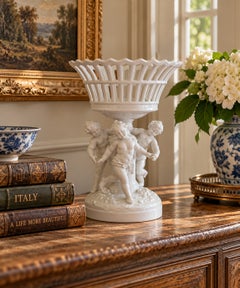 Italian Neoclassical Porcelain Reticulated Basket on Pedestal with Putti