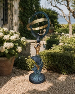 Vintage Coastal Mermaid & Dolphin Armillary Sundial, Palm Beach Garden Decor